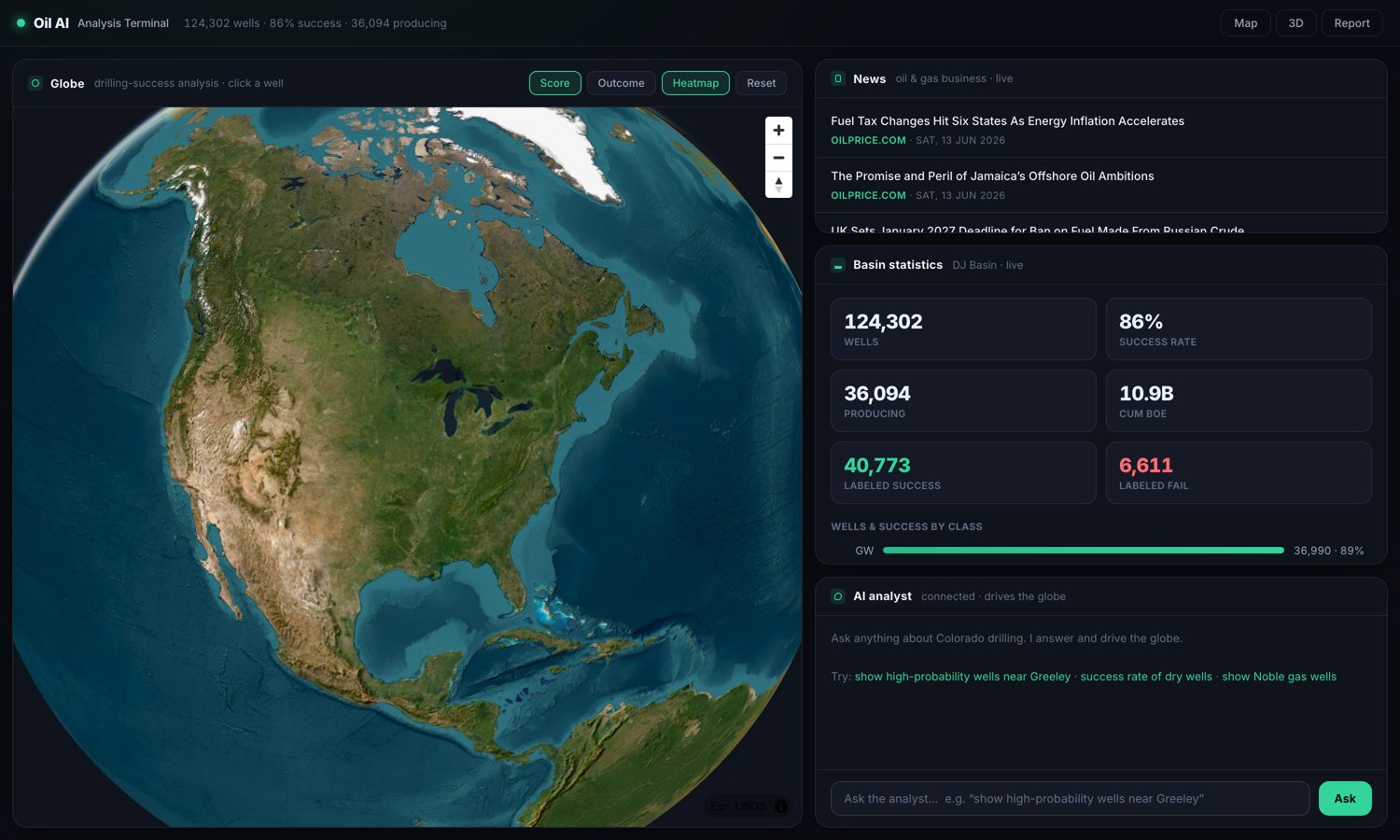 The Oil AI globe terminal: an interactive 3D Earth zoomed into Colorado, with wells and grid cells colored by historical screening score.